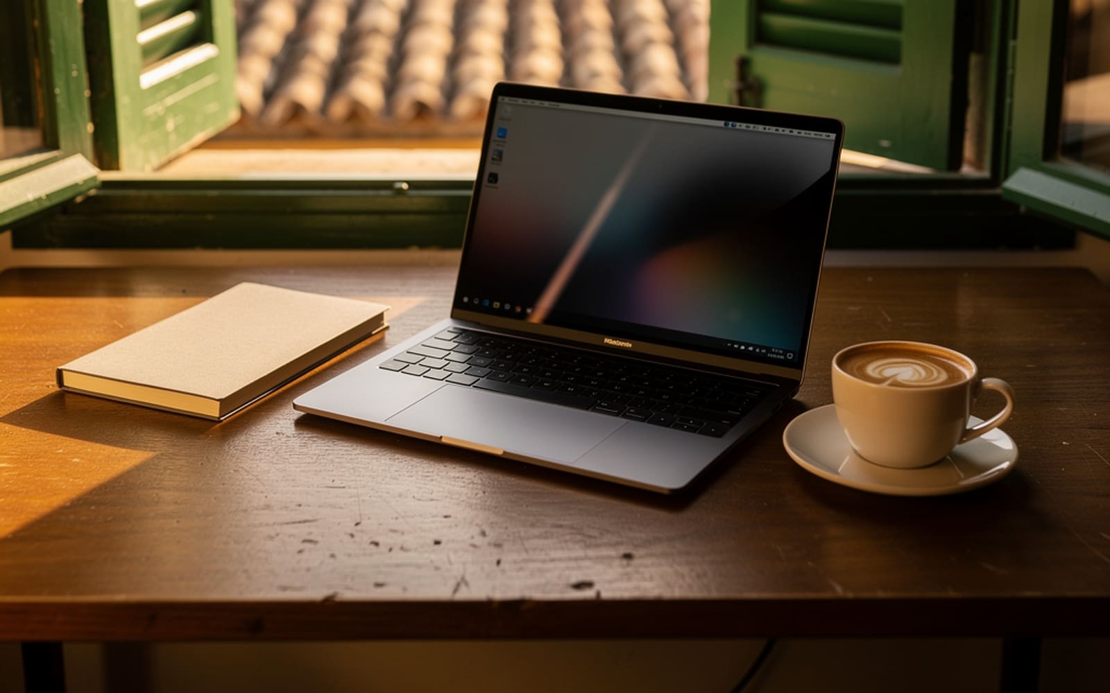 A desk by an open window over tiled rooftops